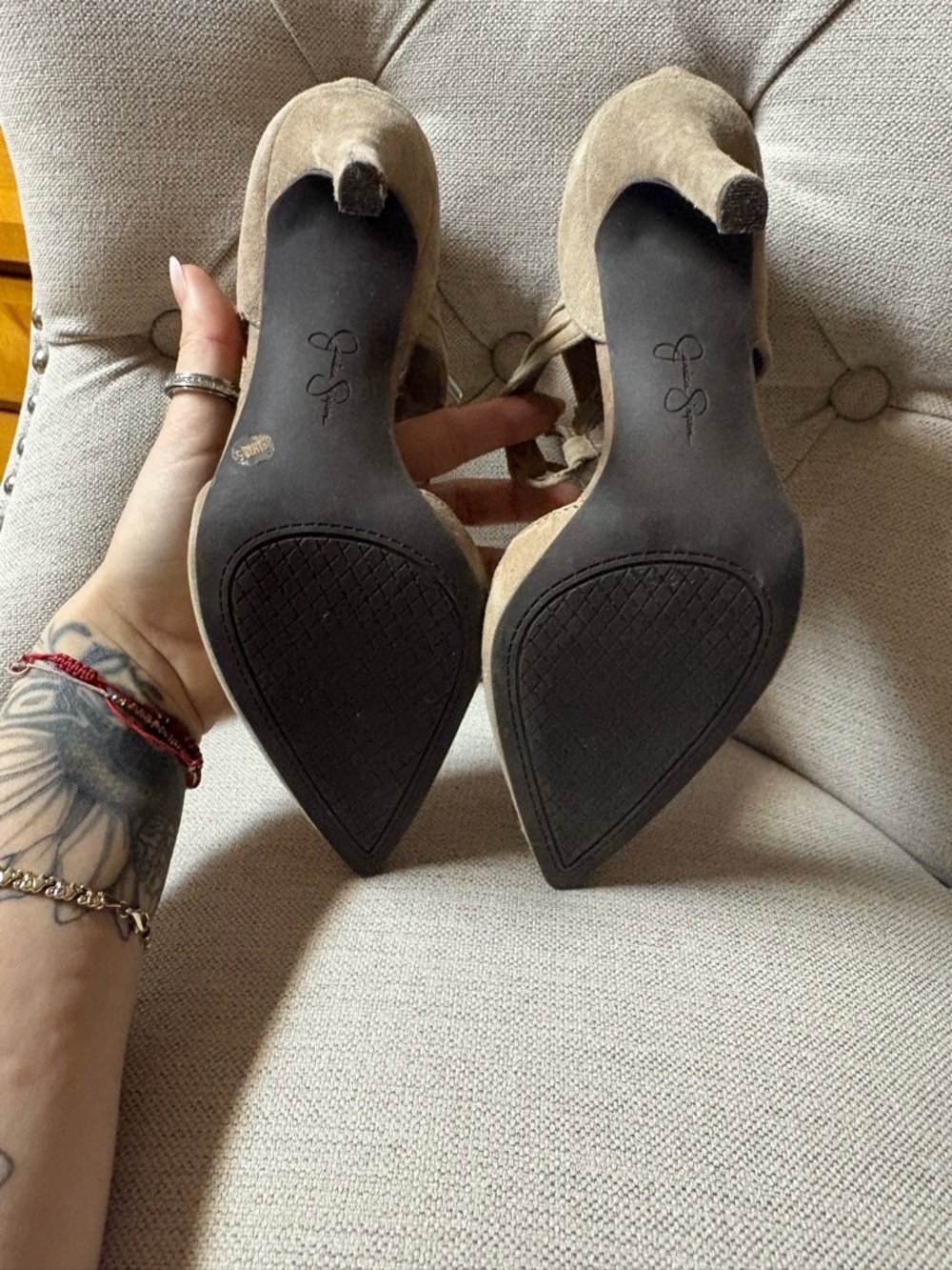 Jessica Simpson Pointed-Toe Suede Lace-Up Heels in Taupe - Picture 10 of 11